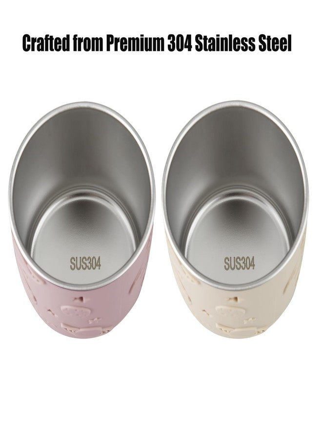 باندا إير مجموعة أكواب الأطفال الصغار من الفولاذ المقاوم للصدأ من باندا إير، عبوة من قطعتين، مع أغطية وأكمام سيليكون، ومجموعة من ملعقتين وشوكتين، أكواب شرب مانعة للانسكاب سعة 8.8 أونصة مع سدادة ماصة، خالية من مادة BPA (لون وردي فاتح/كتاني) - Image 5